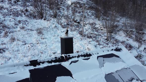 Smoke coming from wood stove chimney while moving bacwards to reveal snow covered solar roof and fro