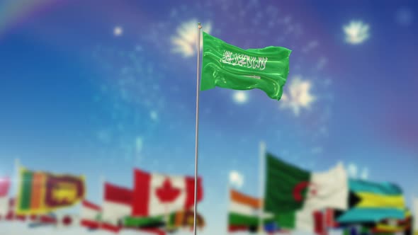 SaudiArabia Flag With World Globe Flags And Fireworks 