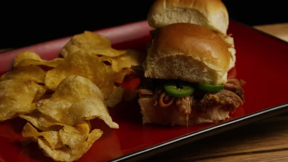 Rotating Shot of Delicious Pulled Pork Sliders