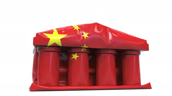 Deflating Bank or Government Building with Printed Flag of China alt