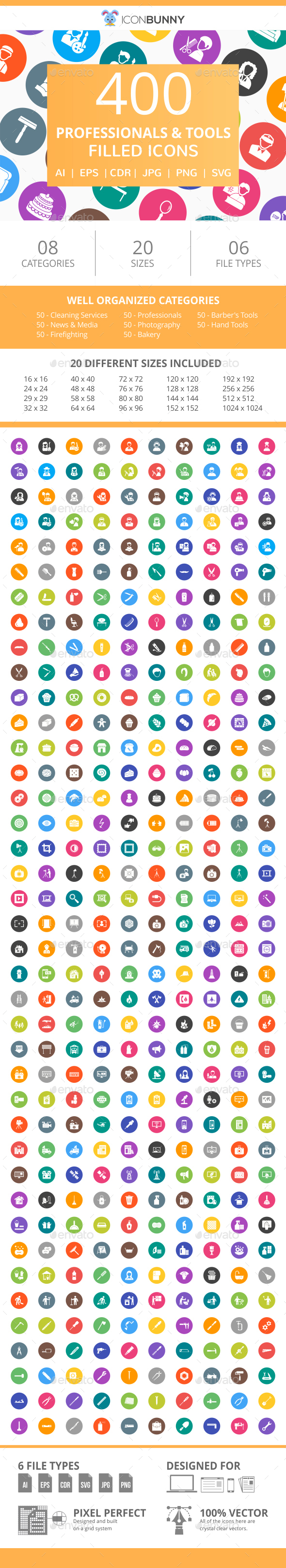 400 Professionals & their tools Filled Round Icons