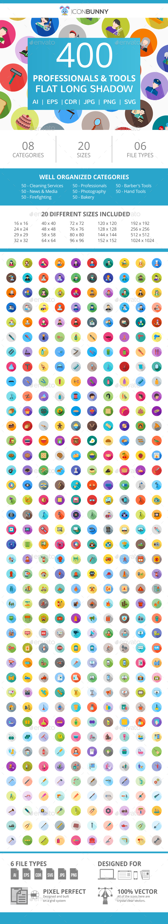 400 Professionals & their Tools Flat Long Shadow Icons