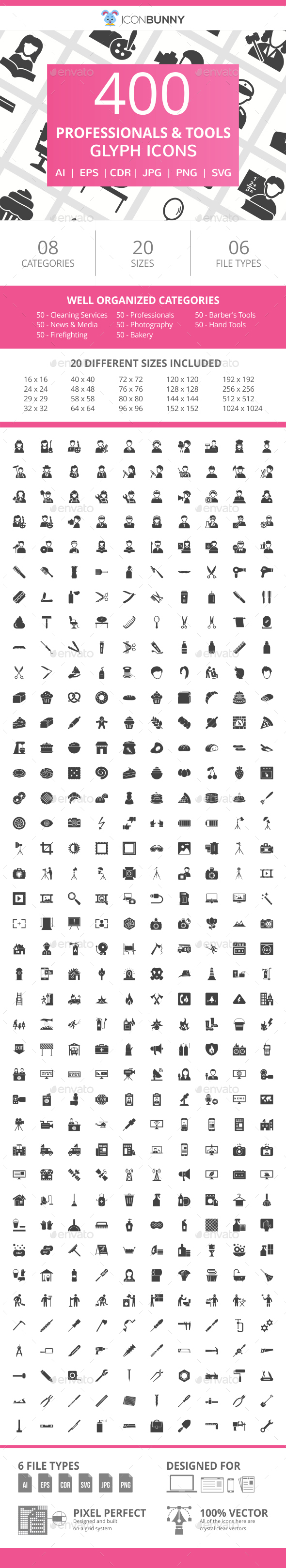 400 Professionals & their Tools Glyph Icons