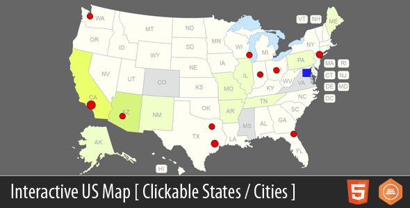 Interaktywna mapa USA - klikalne stany / miasta