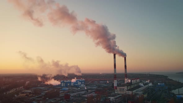 Industrial factory pollution, smokestack exhaust gases. Industry zone