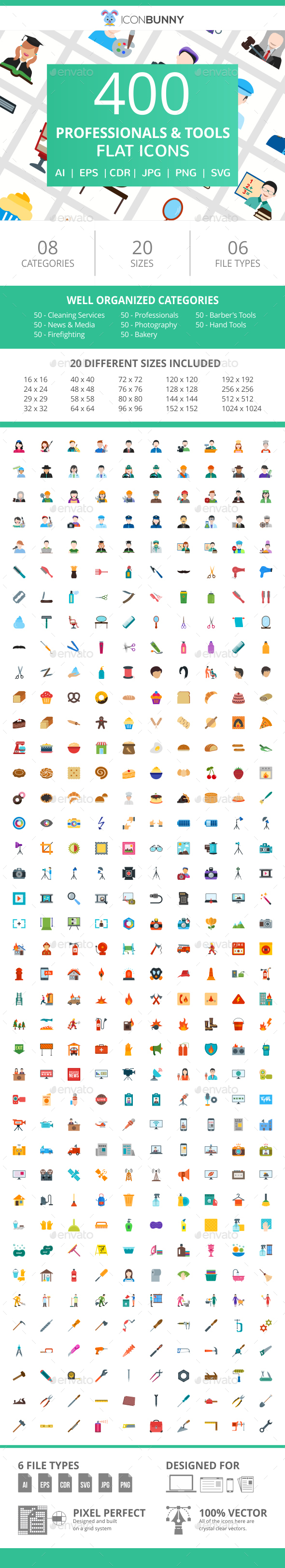 400 Professionals & Their Tools Flat Icons