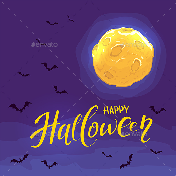 Halloween Night Background with Moon and Bats