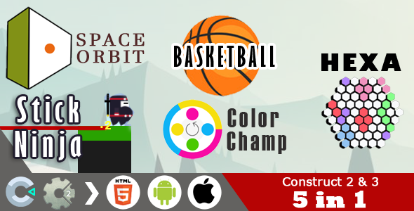 5 in 1 Construct 2 & 3 HTML5 Games Pack (C2 / C3 CAPX)