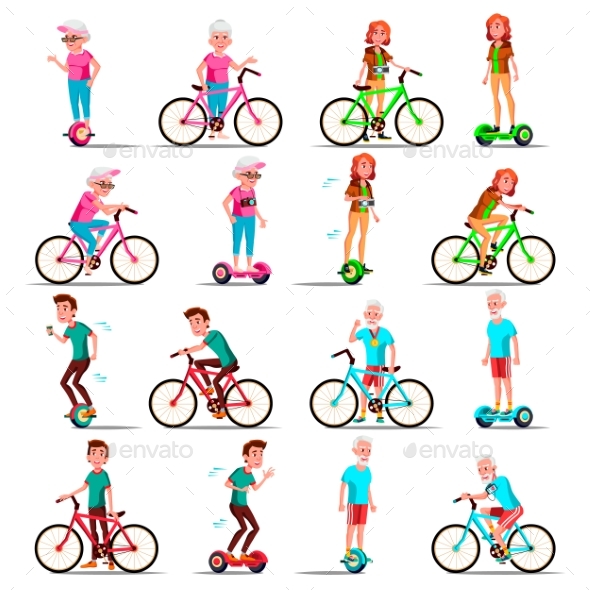 People Riding Hoverboard, Bicycle Vector. City