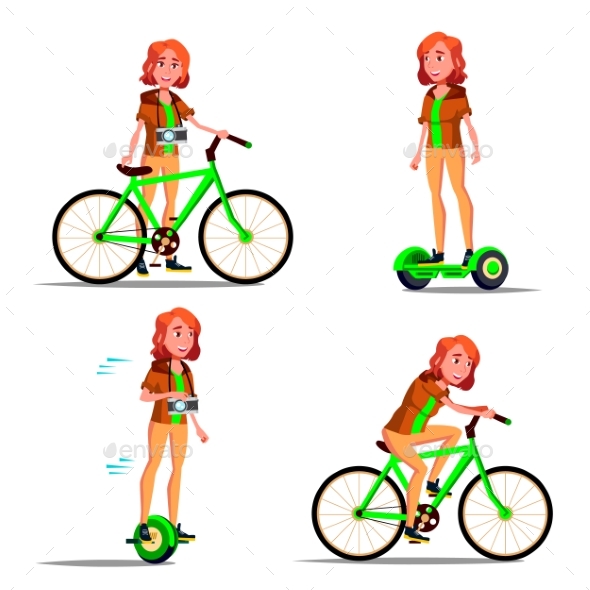 Teen Girl Riding Hoverboard, Bicycle Vector. City