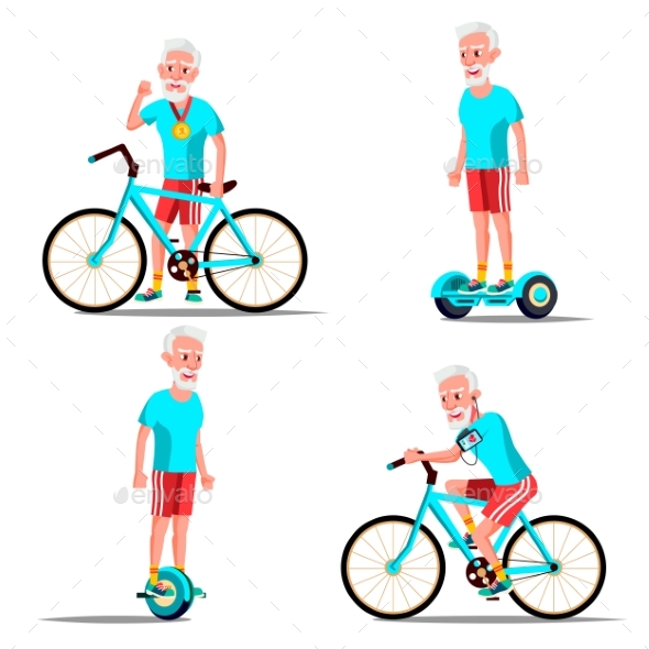Old Man Riding Hoverboard, Bicycle Vector. City