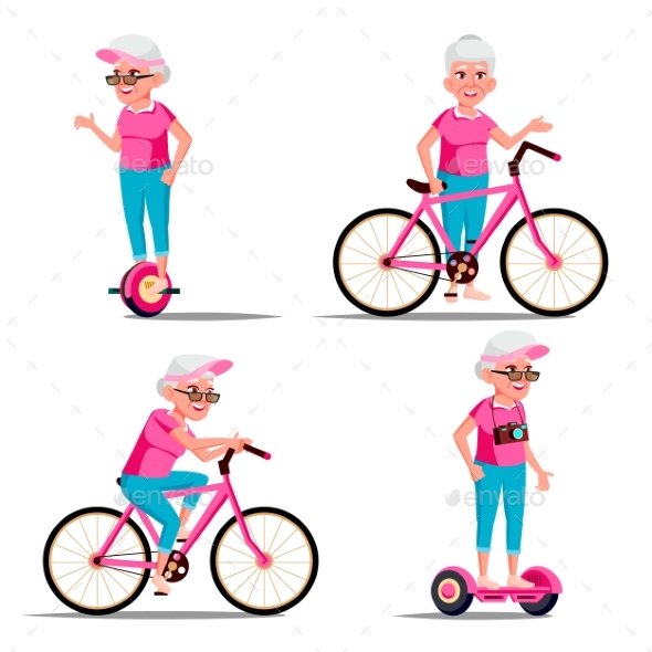 Old Woman Riding Hoverboard, Bicycle Vector. City
