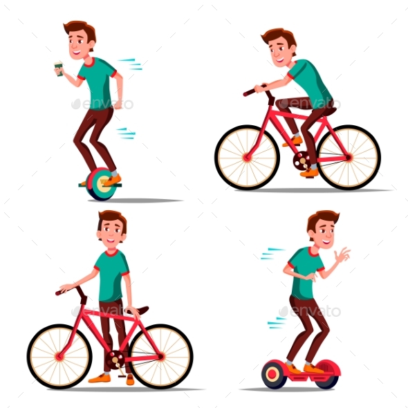 Teen Boy Riding Hoverboard, Bicycle Vector. City