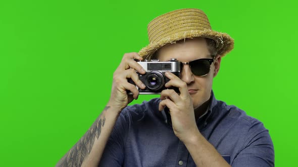 Portrait of Man Tourist Photographer Taking Photos on Retro Camera, Chroma Key