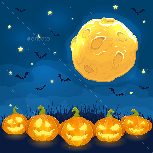 Moon on Sky and Halloween Pumpkins on Grass