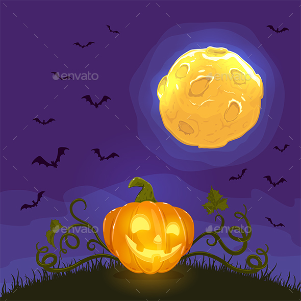 Halloween Pumpkin on Night Background with Moon and Bats
