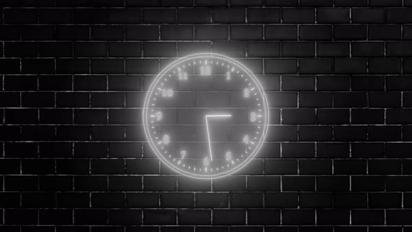 Neon Light Analog Clock Isolated Animated On Wall Background