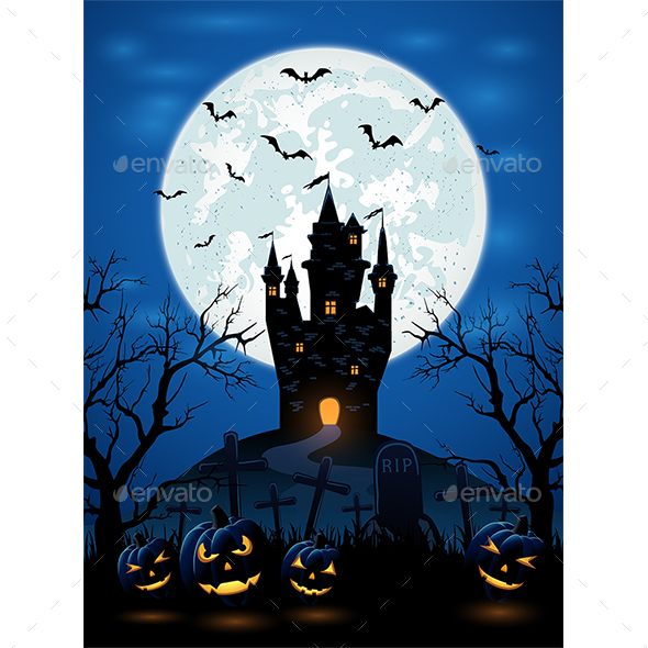Halloween Night with Dark Castle and Pumpkins