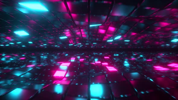 Flying in Endless Space of Neon and Metal Cubes