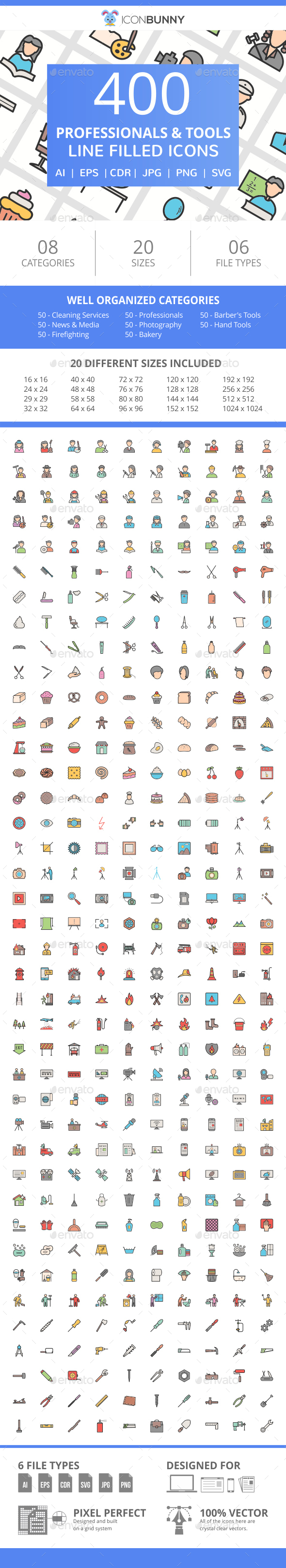 400 Professionals & their tools Filled Line Icons