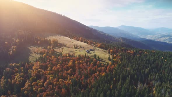 Mountain Village Rare Houses on Green Meadow Lit By Sunlight