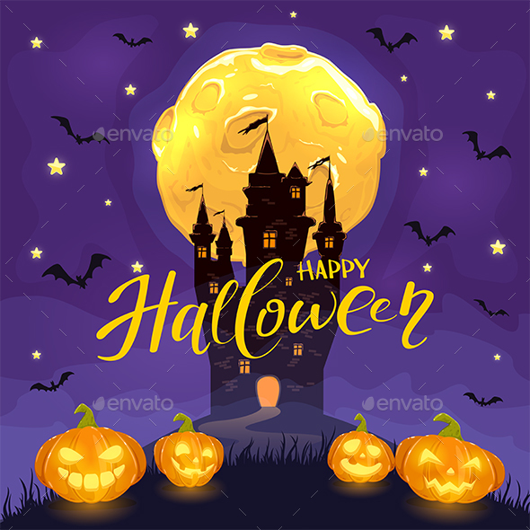 Happy Halloween with Castle and Pumpkins on Purple Background