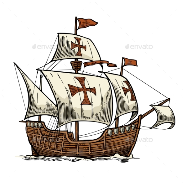 Sailing Ship Floating on the Sea Waves