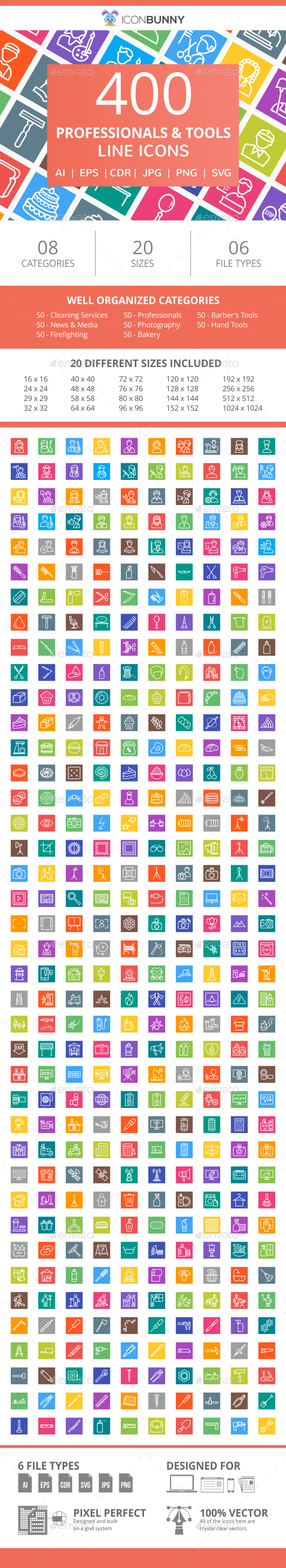 400 Professionals & their Tools Line Multicolor B/G Icons