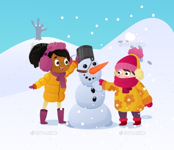 Happy Kids Playing with Snowman