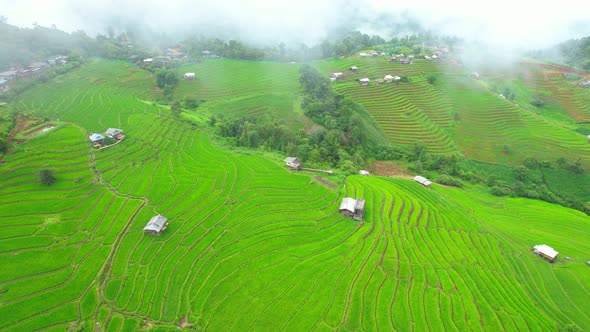 Drone is flying through clouds above rice terraces