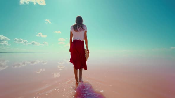 Rear View Woman in Red Skirt Enjoying Beautiful Nature at Pink Salt Lake