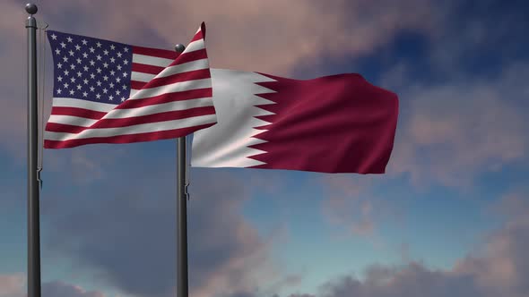 Qatar Flag Waving Along With The National Flag Of The USA - 4K