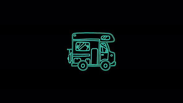 Neon line Rv Camping trailer icon isolated on black background. Travel mobile home, caravan