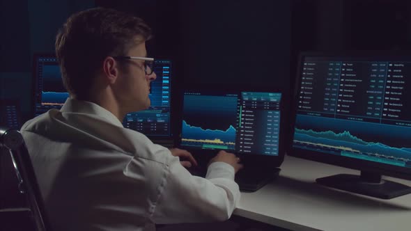 Trader working in office at night using workstation and analysis technology.