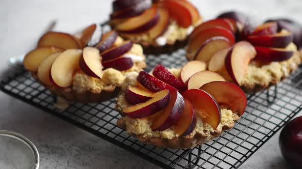 Homemade Crumble Tarts with Fresh Plum Slices Placed on Iron Baking Grill