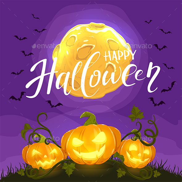 Happy Halloween and Pumpkins on Night Background