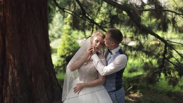 Newlyweds. Caucasian Groom with Bride in the Park. Wedding Couple. Happy Family