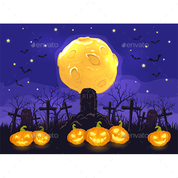 Halloween Night with Pumpkins on Cemetery and Moon on Blue Sky Background