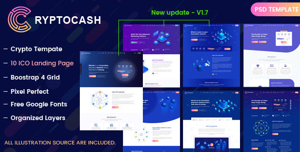 Cryptocash - ICO Cryptocurrency &amp; ICO Landing Page PSD Template