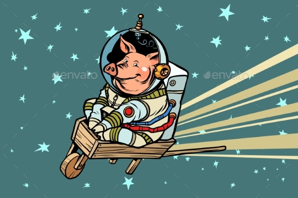 Pig Astronaut Rides on a Wooden Wheelbarrow