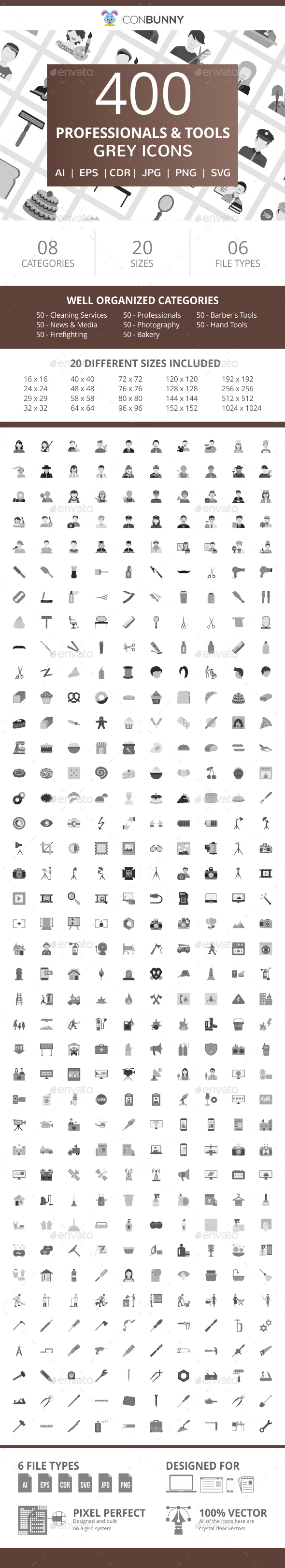 400 Professionals & their Tools Flat Greyscale Icons