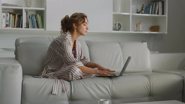 Woman Working Home Pajamas Remotely