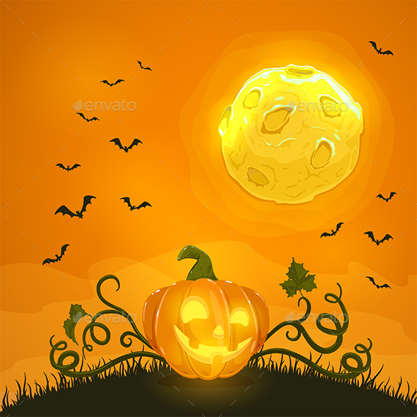 Halloween Pumpkin on Orange Night Background with Moon and Bats