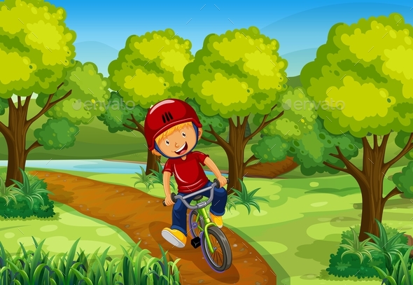Little Boy Riding Bike In The Park