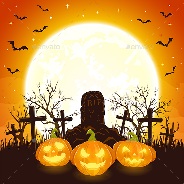 Orange Halloween Background with Pumpkins and Cross