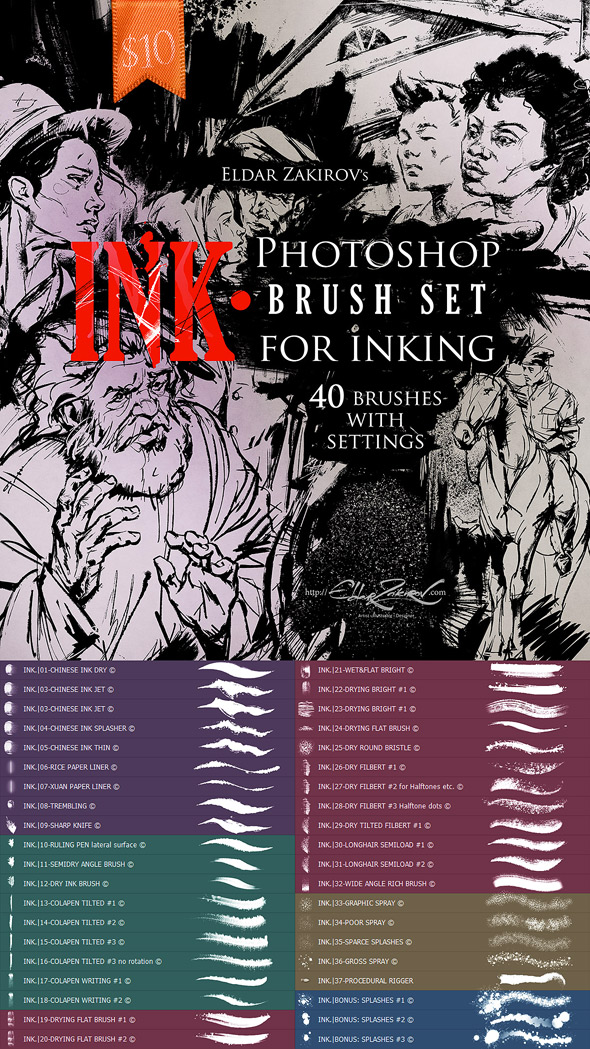 INK. 40 Photoshop Brushes for Inking + Photoshop Action