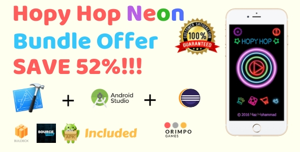 Hopy Hop Neon Bundle - Buildbox Game Template + eclipse + android studio + iOS xcode