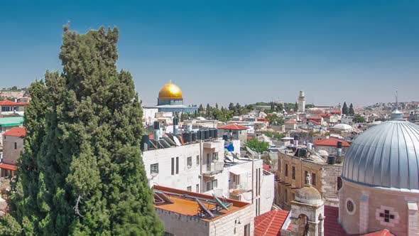 Skyline of the Old City in Jerusalem with Historic Buildings Aerial Timelapse Hyperlapse Israel