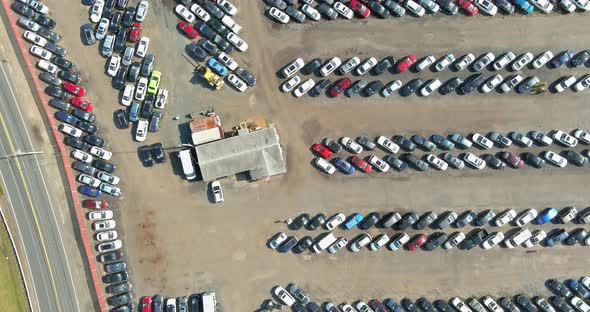 Panorama view in many a used cars terminal car parking auction lot