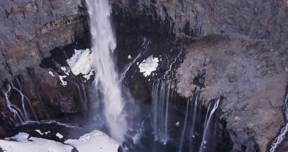 Aerial View of Kegon Waterfall with Snowy Basalt Wall Japan